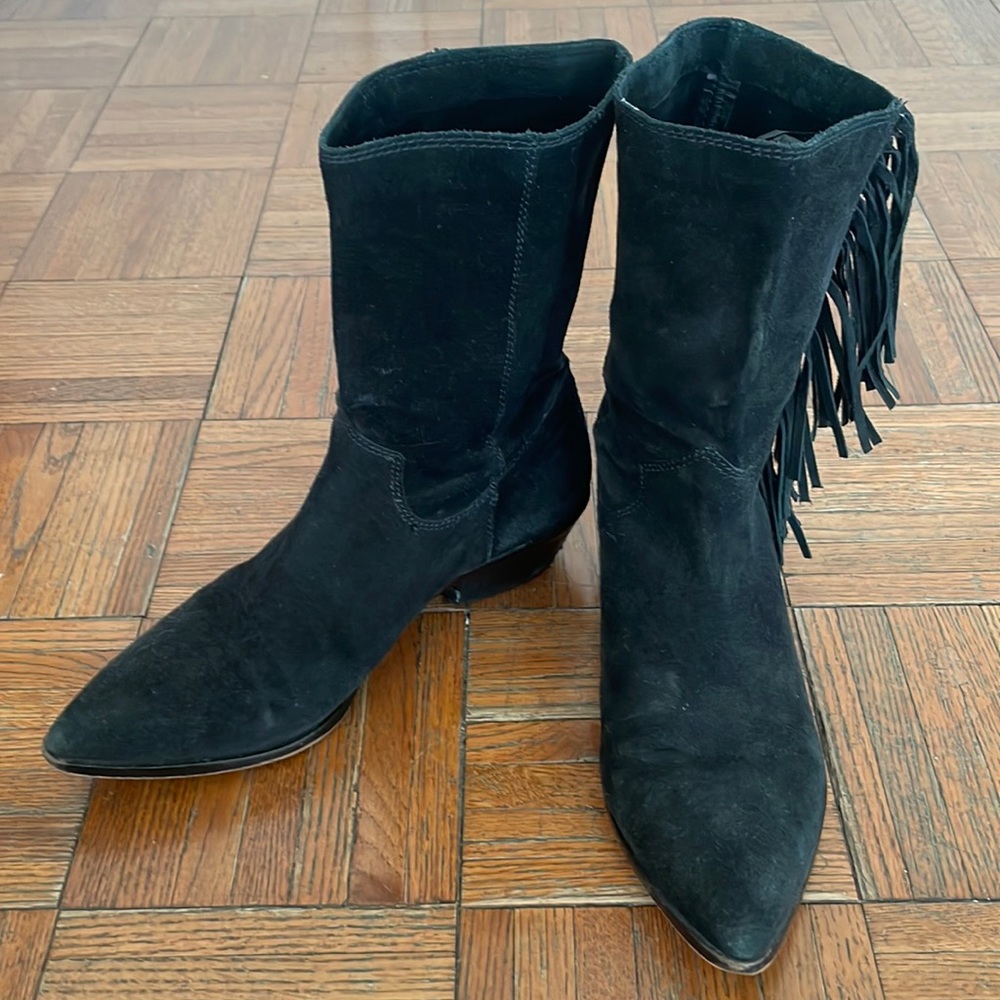 Rebecca Minkoff black suede fringe boots
